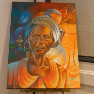 “Grann Tèt Mare Haitian painting of an elder woman with headwrap and pipe, symbolizing wisdom and heritage.”