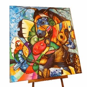 “Lanmou Nan Lavi abstract Haitian painting with colorful animals, woman’s face, and vibrant shapes.”